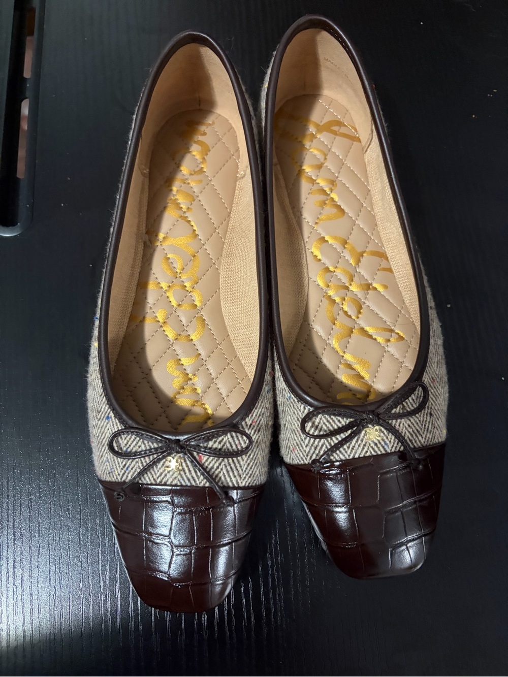 Sam Edelman Brown Tweed Ballet Flats with Dark Brown Faux-Croc Toe